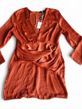 Rust Orange Long Sleeve Draped Mini Dress Size 12